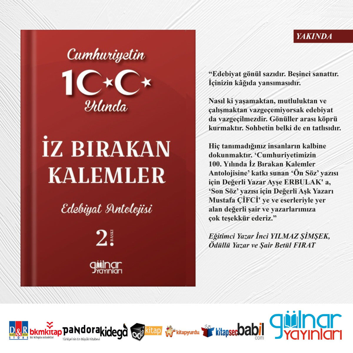 CUMHURİYETİN 100. YILINI EDEBİYATLA KUTLAYAN KİTAP 2. BASKIYA GEÇTİ CUMHURİYETİN 100. YILINI EDEBİYATLA KUTLAYAN KİTAP 2. BASKIYA GEÇTİ